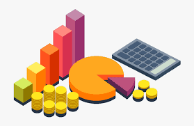 an animated graphic of a pie cart, bar graph, calculator and golden coins