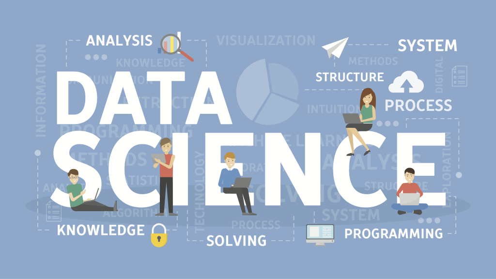several animated workers placed along the words data science.